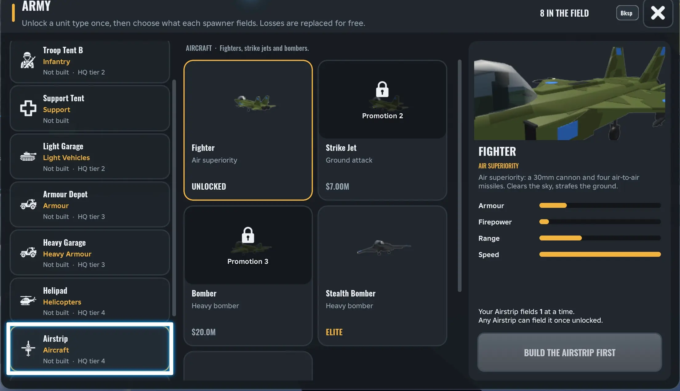 Army Commander Tycoon Airstrip units: Fighter, Strike Jet, Bomber, Stealth Bomber