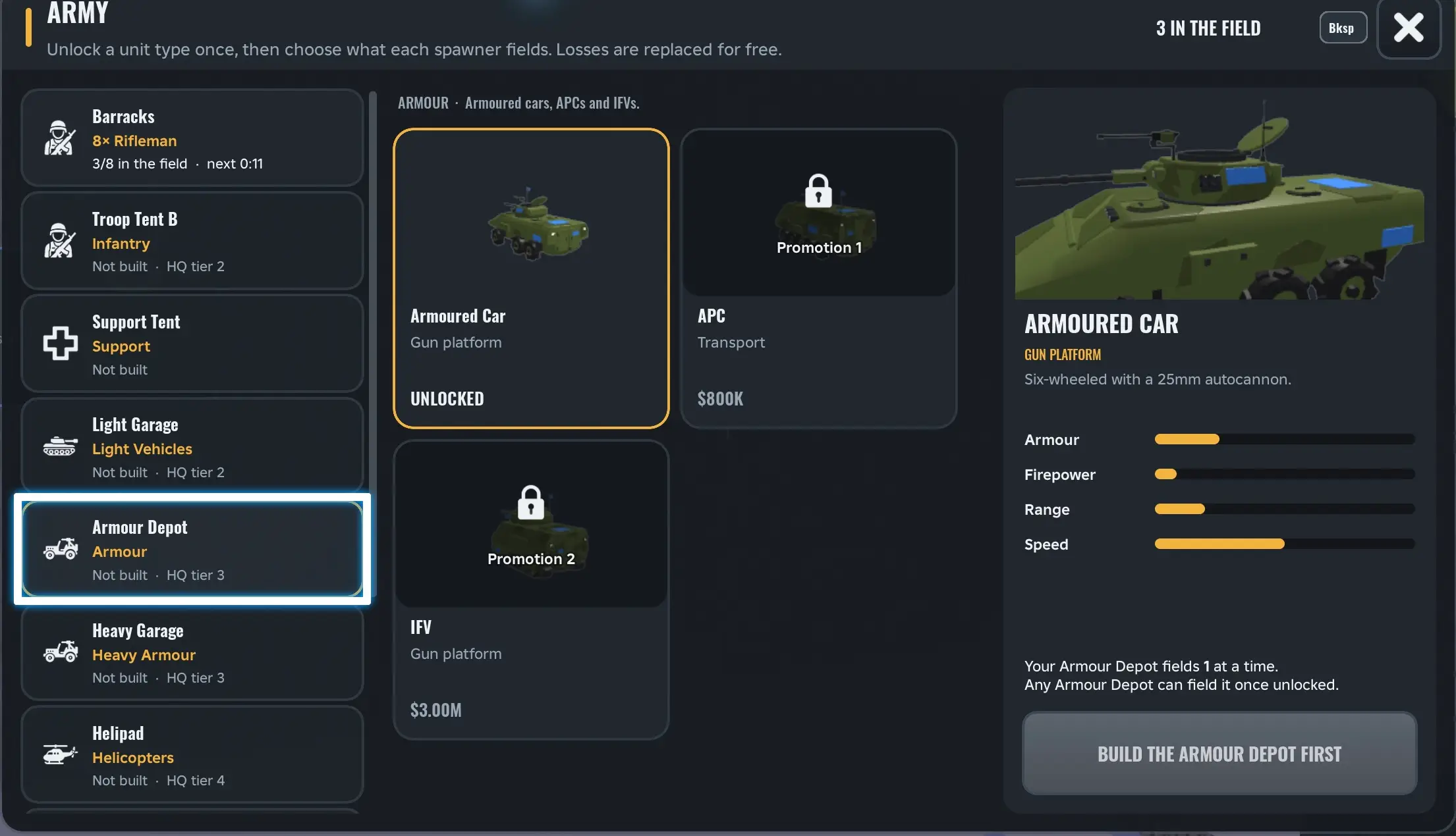 Army Commander Tycoon Armour Depot units: Armoured Car, APC and IFV