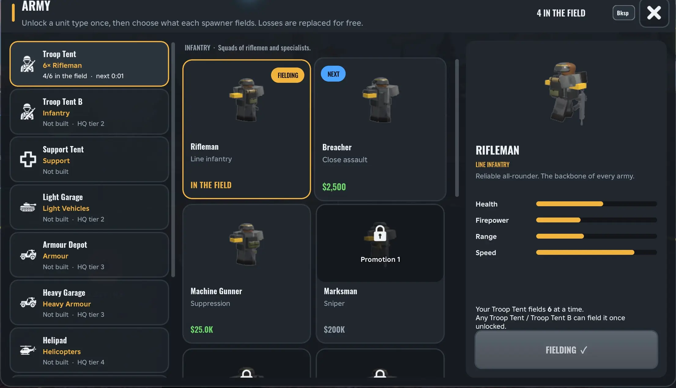 Army Commander Tycoon ARMY panel showing Rifleman, Breacher, Machine Gunner and Marksman