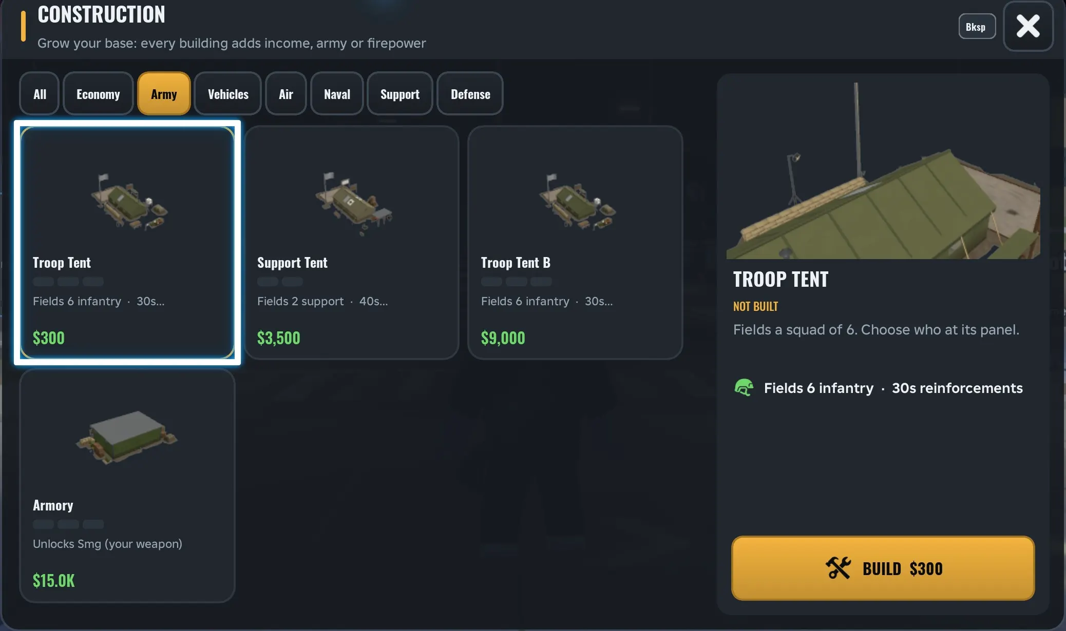 Army Commander Tycoon construction menu with the Troop Tent selected, cost $300