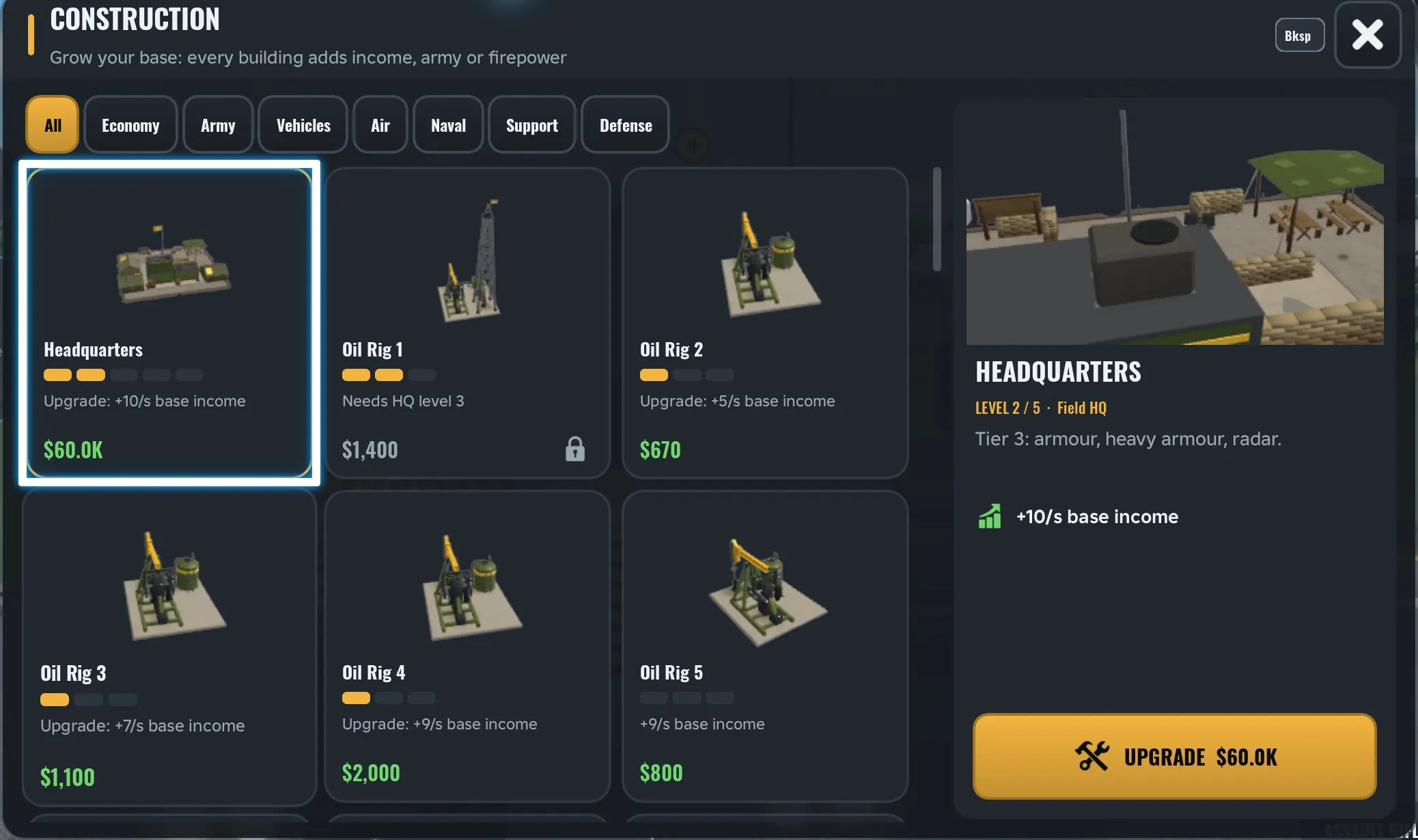Army Commander Tycoon Headquarters level 2 upgrade for $60.0K