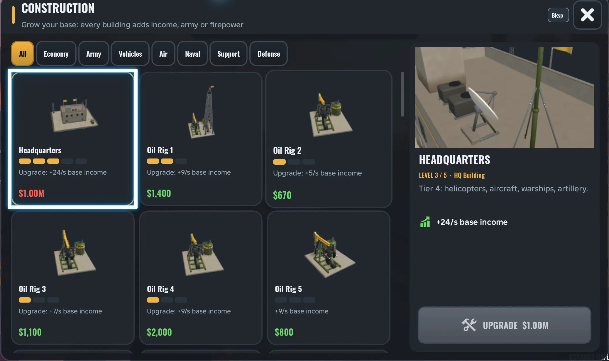 Army Commander Tycoon Headquarters level 3 with the $1.00M upgrade to level 4