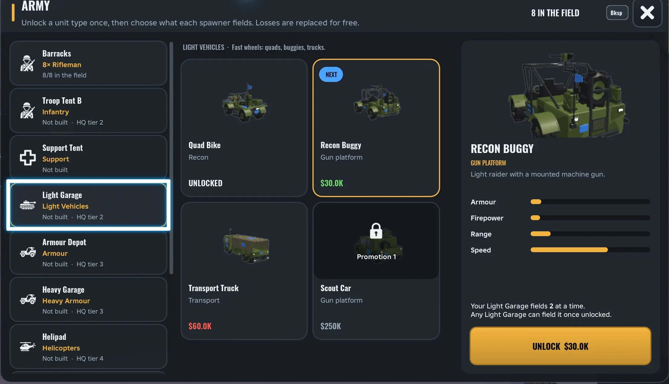 Army Commander Tycoon Light Garage units: Quad Bike, Recon Buggy, Transport Truck, Scout Car