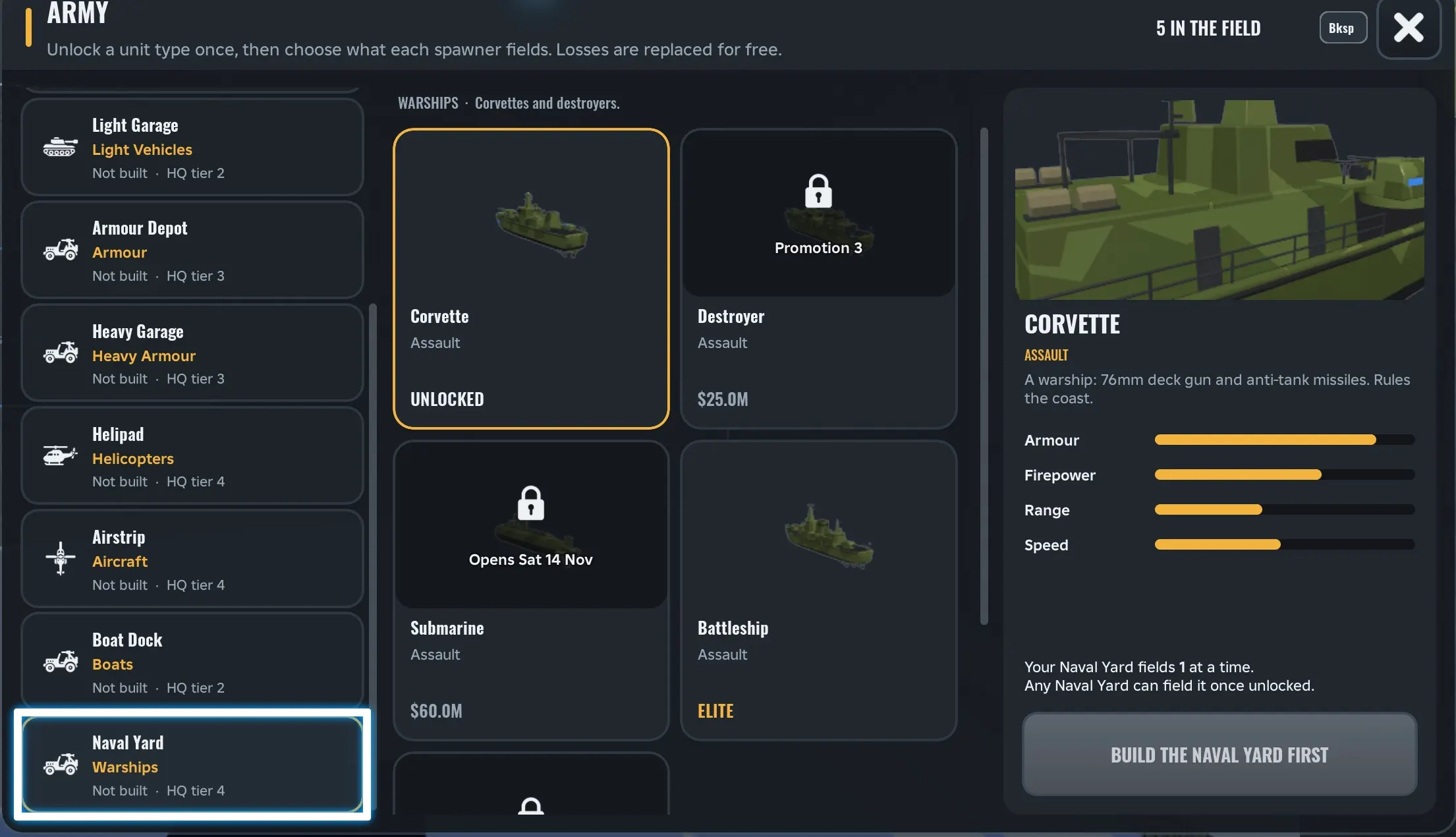 Army Commander Tycoon Naval Yard units: Corvette, Destroyer, Submarine, Battleship