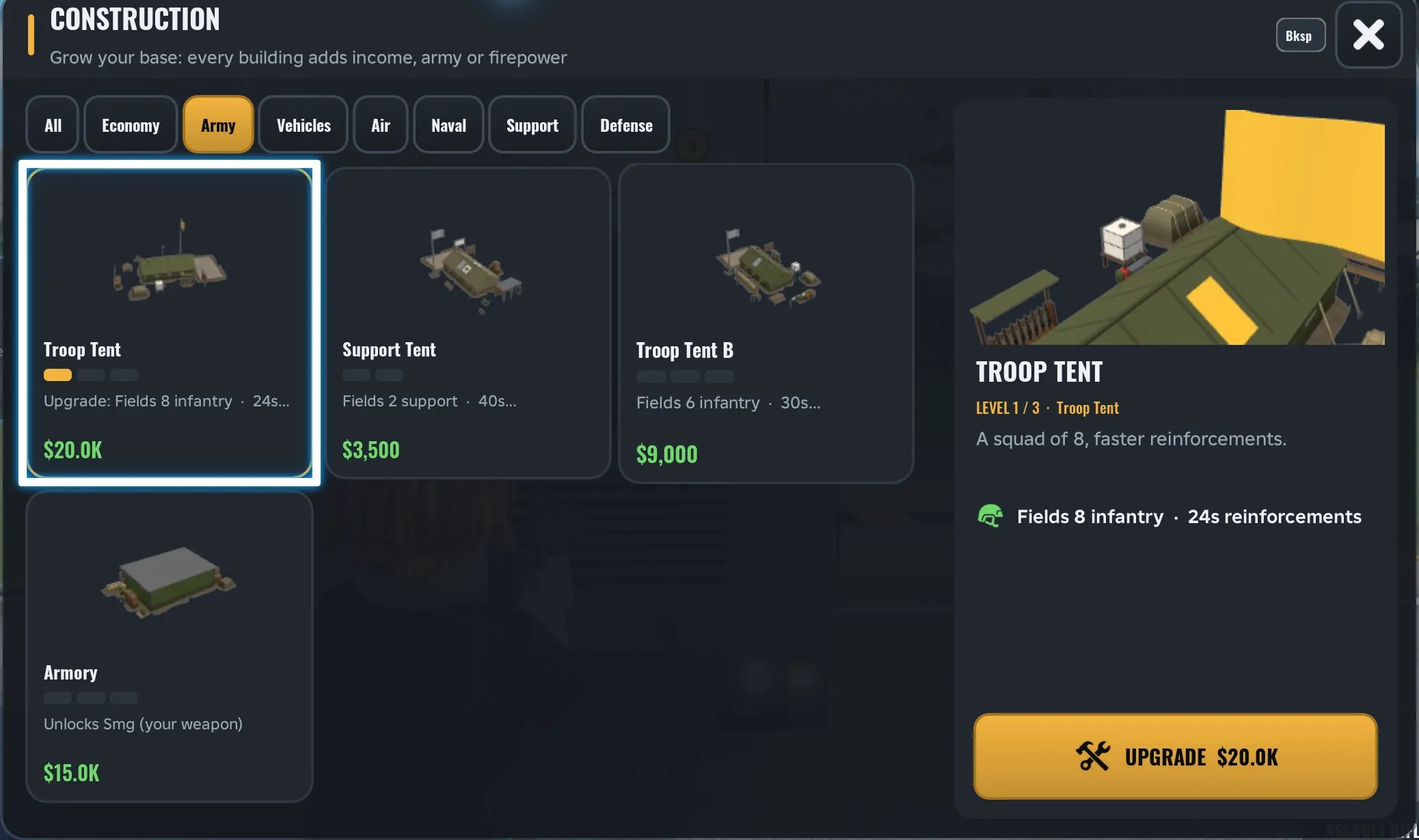 Army Commander Tycoon Troop Tent upgrade to level 2 for $20.0K